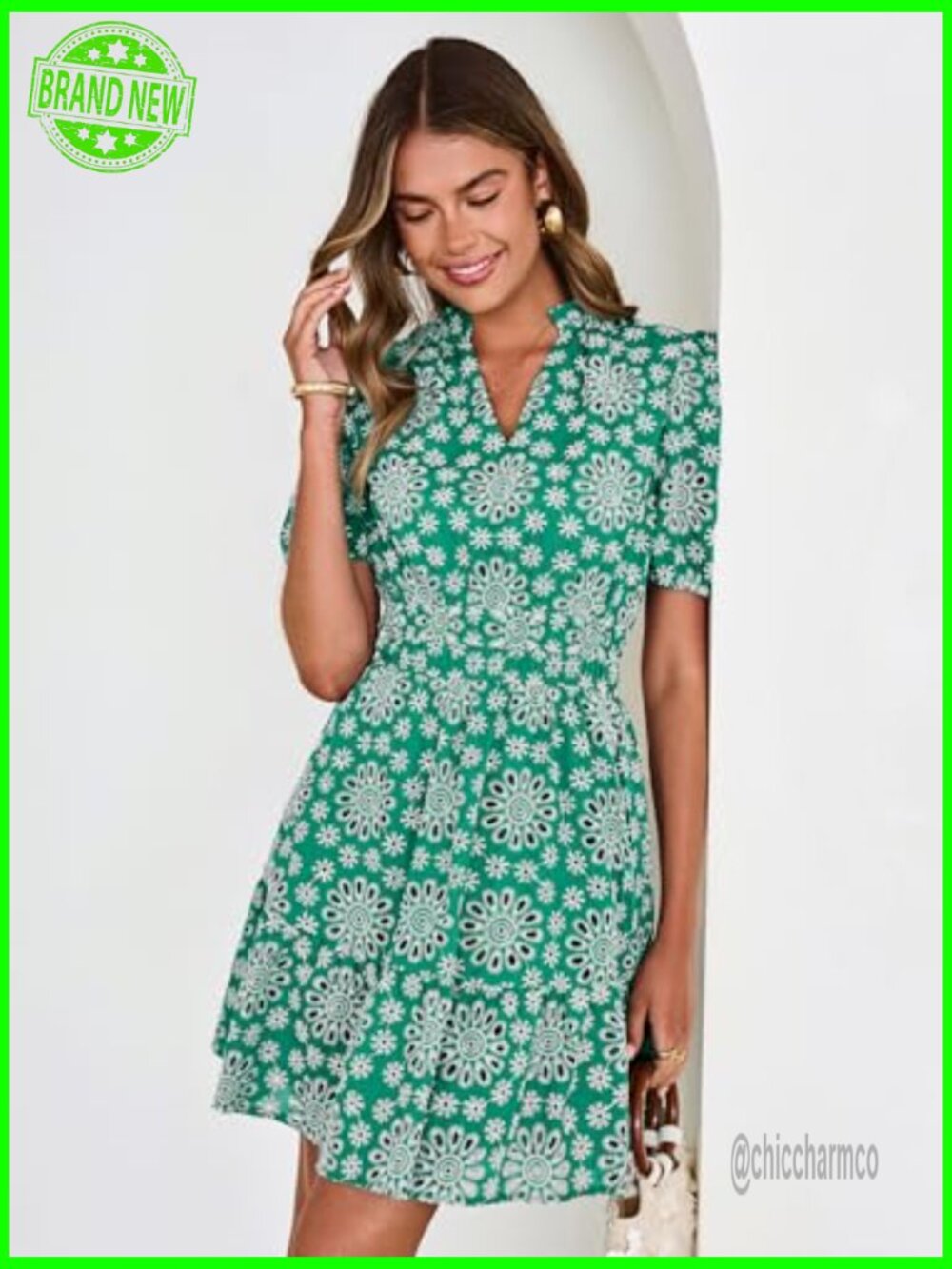 Women's Eyelet Lace Mini Dress V-Neck Puff Sleeve Boho - Picture 2 of 7